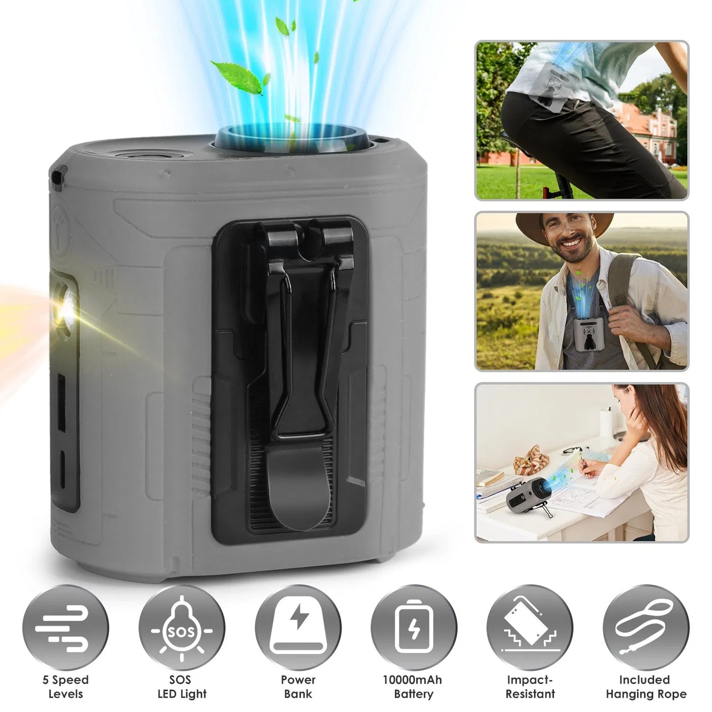 5 In 1 Portable Waist Clip Fan With 5 Speeds Flashlight Battery Operated Personal Wearable Turbo Belt Fan Hands-Free Neck Fan For Camping Travel Job Site