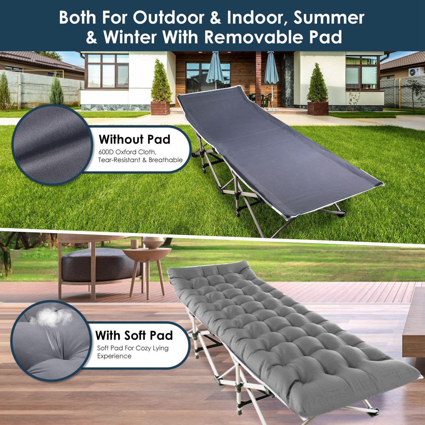 1Pc Folding Camping Cot Portable Sleeping Camping Bed Collapsible Travel Camp Cots Guest Bed Cot With 2-Sided Soft Pad 440LBS Max Load