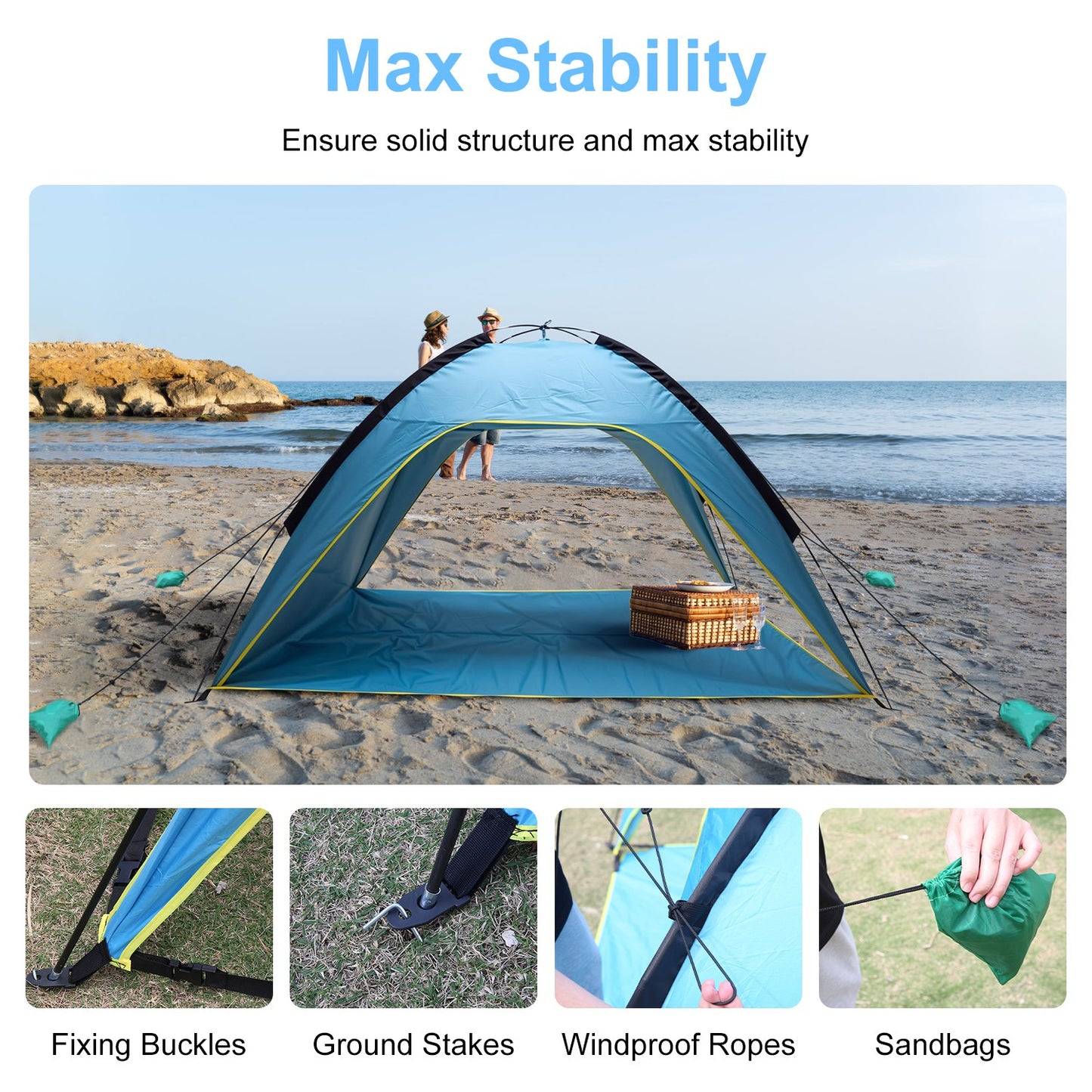 1Pc 4-6 Person Beach Tent Canopy With 3 Door Openings Carry Bag UPF50 Waterproof For Beach Picnic Camping Hiking Adventure Fishing