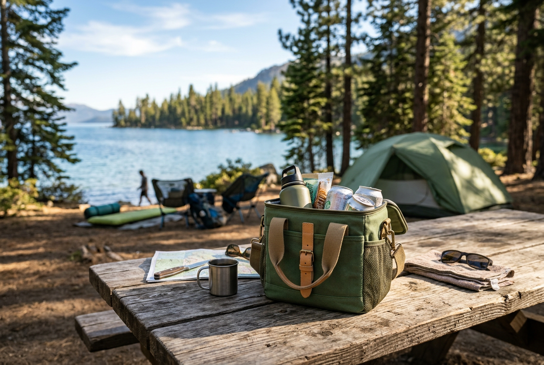 Small soft cooler bag on a wooden picnic table at a lakeside campsite with a tent in the background