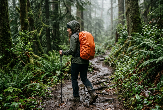 Hiker in a rain jacket walking along a misty forest trail