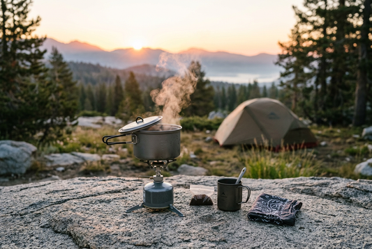 Compact camp stove with a small pot boiling at sunrise