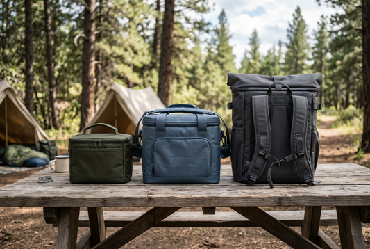 Three soft coolers in small, medium and large sizes lined up on a campsite picnic table