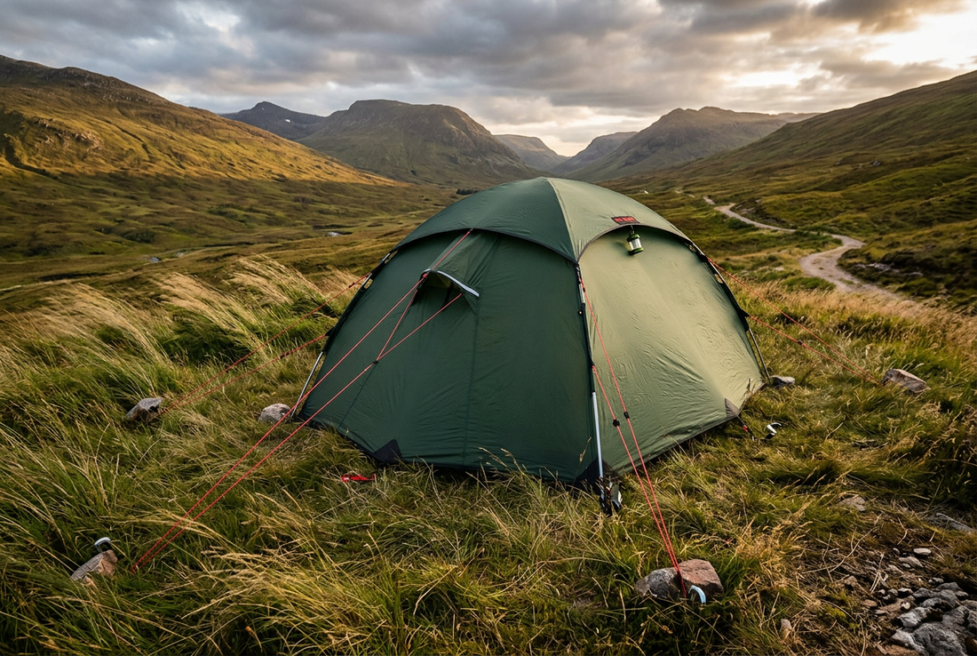 Low dome tent pitched on a grassy hillside under a windy sky