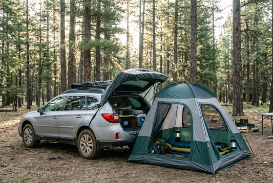 SUV with its rear hatch open and a tent attached at a forest campsite in the morning
