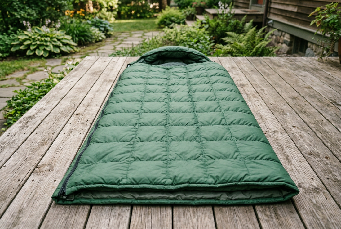 Clean green sleeping bag laid flat to dry on a wooden deck in soft sunlight