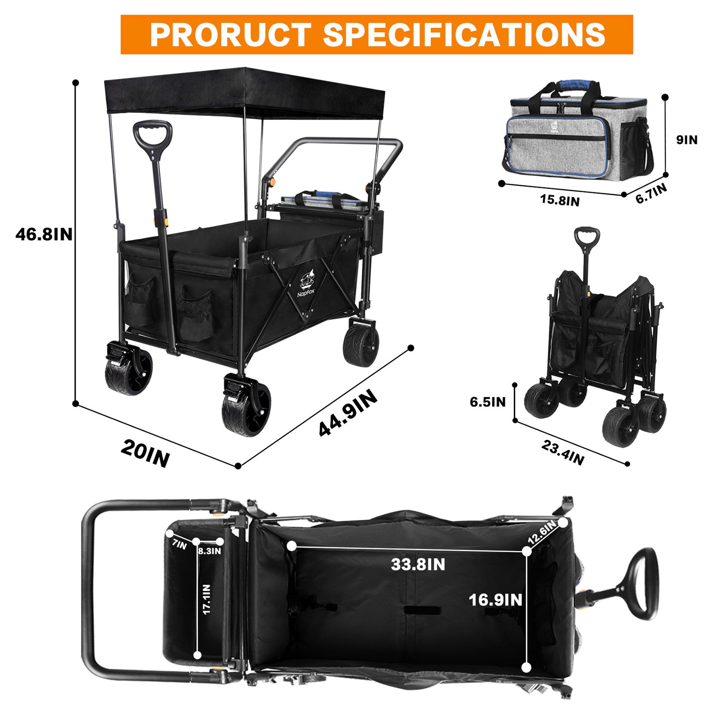 Collapsible Wagon 140L Wagons Carts Foldable With Removable Canopy, Folding Wagon Cart With Wheels For All-Terrain With Brake, Foldable Wagon With Cooler Bag, For Camping Beach Shopping