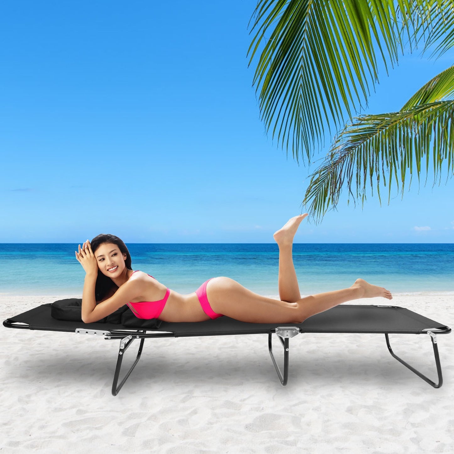 1Pc Folding Beach Lounge Chair Face Down Tanning Chaise Sunbathing Recliner 265LBS Max Load With 5-Angle Backrest 3 Removable Pillows For Beach Pool Lawn Yard Patio Office Nap Camping