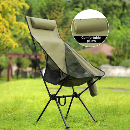 Folding camping chair with headrest. Lightweight, aluminum alloy, for travel and fishing. Outdoor furniture.