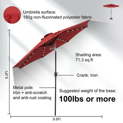 10ft Solar Polyester 32 LED Lighted Patio Umbrella With Tilt Adjustment And UV-Resistant Fabric