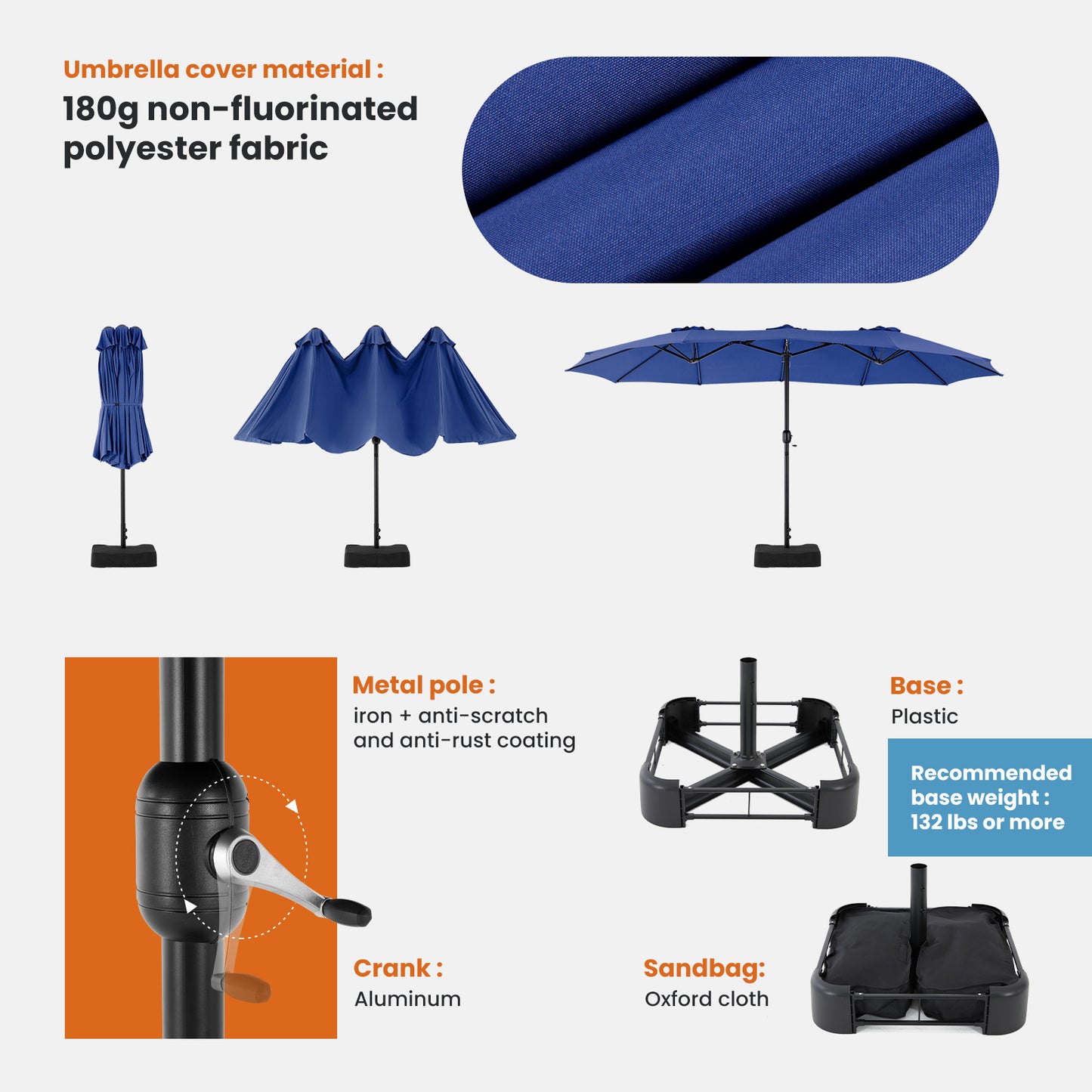 15ft Large Patio Umbrella With Base Included, Rectangle Table Umbrella Outdoor Patio, Outside Umbrellas For Deck, Market, Backyard