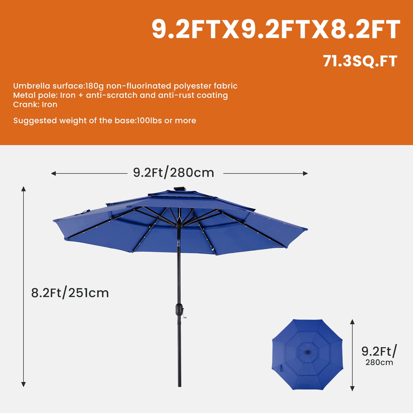 10FT 3-Tier Solar Patio Umbrella With 32 LED Lights, Outdoor Umbrellas With Push Button Tilt And Crank