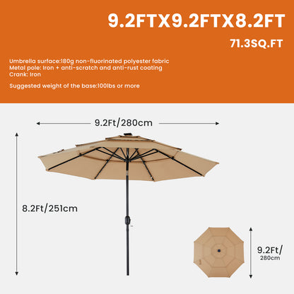 10FT 3-Tier Solar Patio Umbrella With 32 LED Lights, Outdoor Umbrellas With Push Button Tilt And Crank