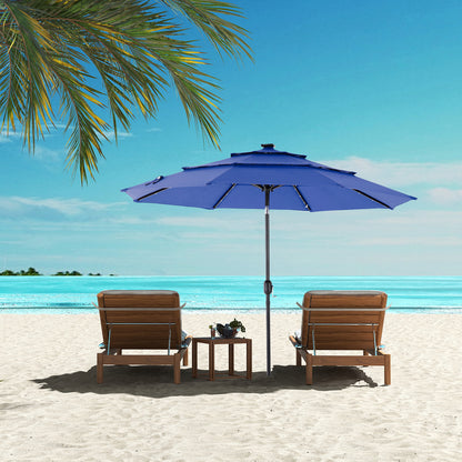 10FT 3-Tier Solar Patio Umbrella With 32 LED Lights, Outdoor Umbrellas With Push Button Tilt And Crank