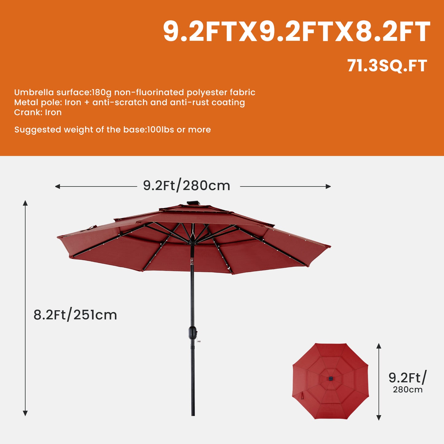 10FT 3-Tier Solar Patio Umbrella With 32 LED Lights, Outdoor Umbrellas With Push Button Tilt And Crank