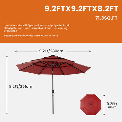 10FT 3-Tier Solar Patio Umbrella With 32 LED Lights, Outdoor Umbrellas With Push Button Tilt And Crank