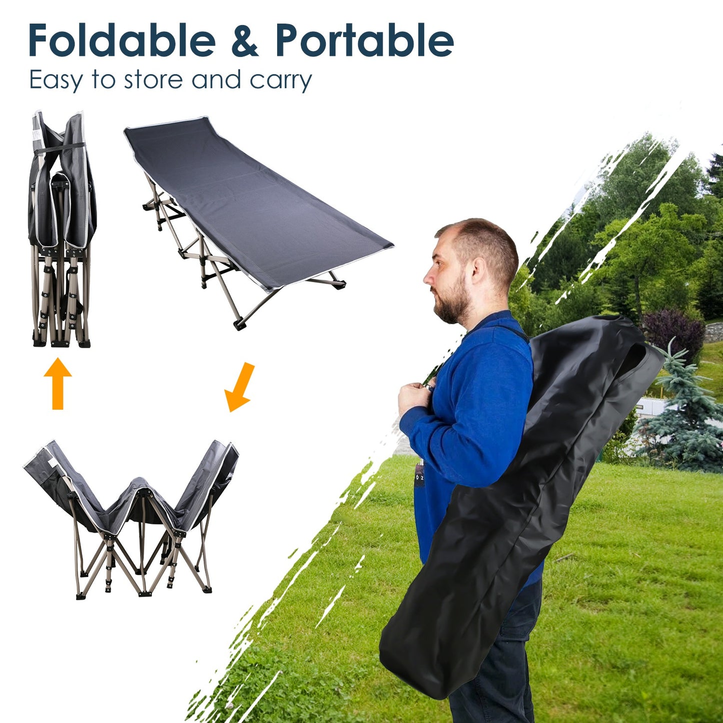 1Pc Folding Camping Cot Portable Sleeping Camping Bed Collapsible Travel Camp Cots Guest Bed Cot With 2-Sided Soft Pad 440LBS Max Load