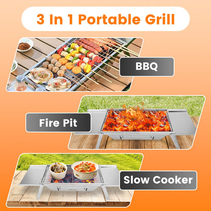 1 Set 3 In 1 Foldable Charcoal Grill Fire Pit Slow Cooker 2-3 People Portable Camping Grill Stainless Steel BBQ Grill For Camping Tailgating Yard