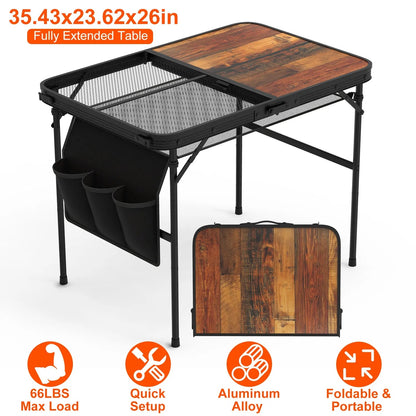 35.43x23.62x26in Foldable Camping Table Collapsible Picnic Aluminum Alloy Grill Stand 66LBS Max Load Height Adjustable BBQ Table With Adjustable Height Storage Net