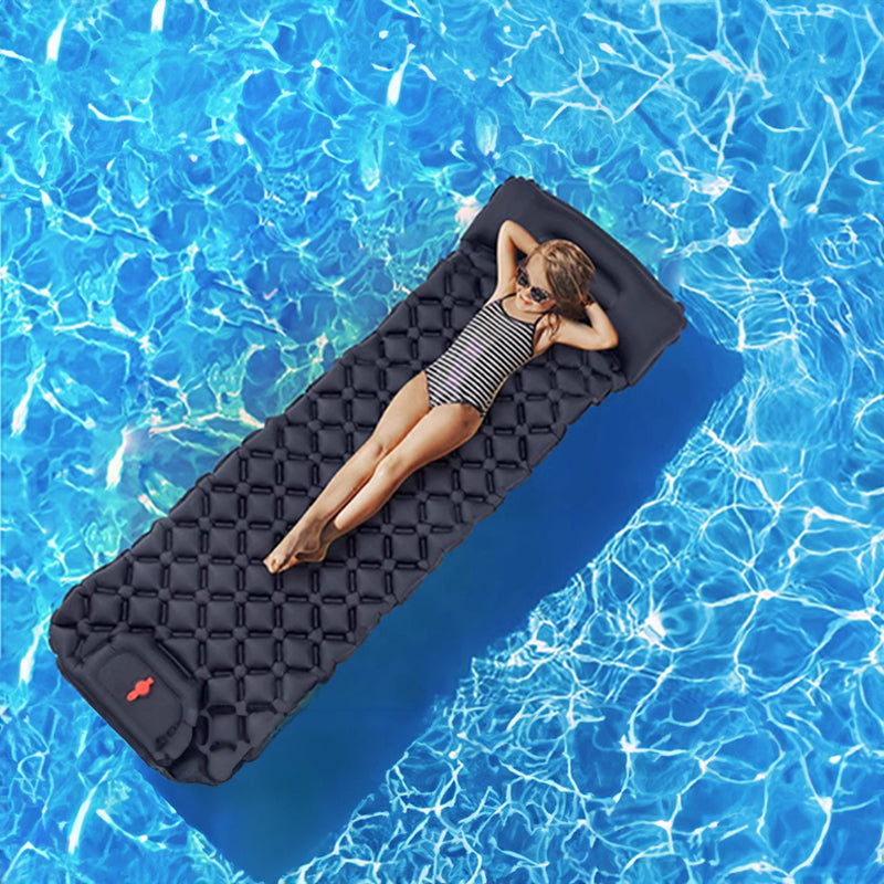 Outdoor double inflatable sleeping pad – with built-in pillow & pump, for camping, backpacking, hiking.