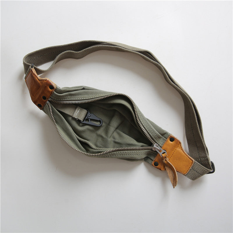 American Retro Military Style Chest Bag Made Of Old Canvas With Top Layer Cowhide