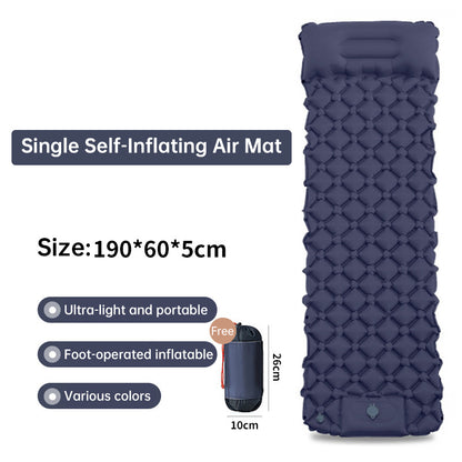 Outdoor double inflatable sleeping pad – with built-in pillow & pump, for camping, backpacking, hiking.