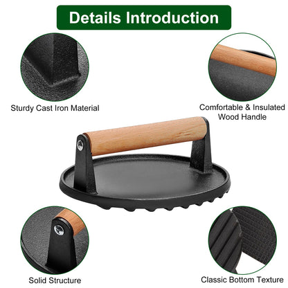 2Pcs Cast Iron Grill-1Pc Rectangular & 1Pc Round Press Pre-Seasoned Steak Weights Smash Burger Press Bacon Meat Smasher With Wood Handle 7in Round & 8.2x4.25in Rectangular Grill Press