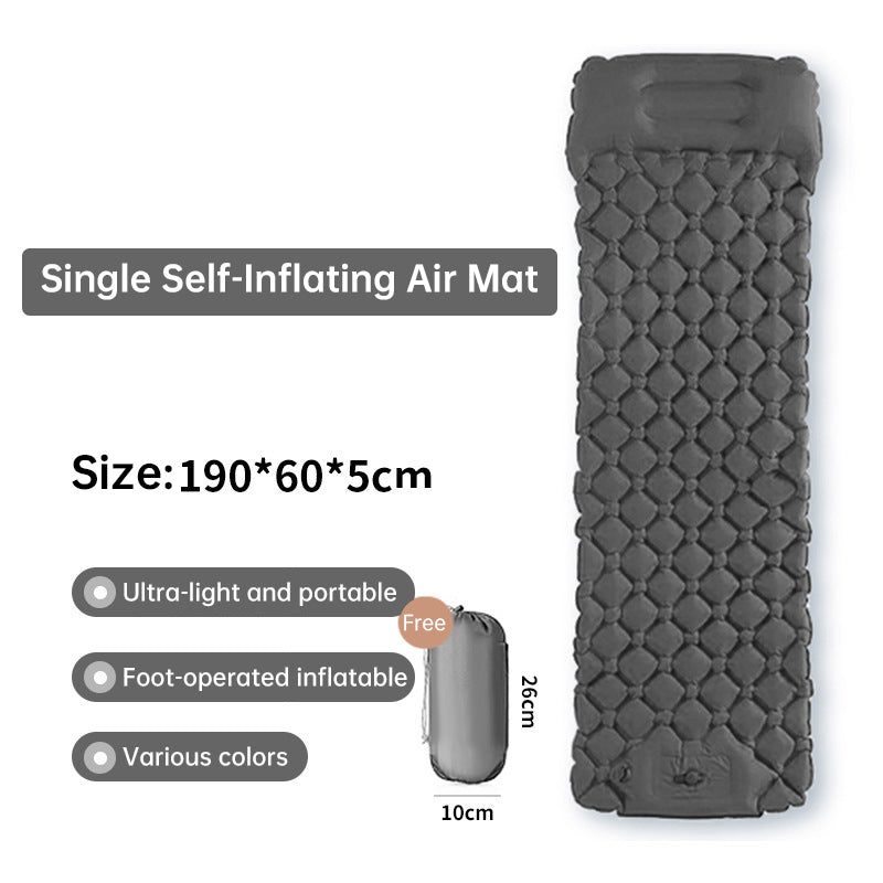 Outdoor double inflatable sleeping pad – with built-in pillow & pump, for camping, backpacking, hiking.