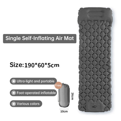 Outdoor double inflatable sleeping pad – with built-in pillow & pump, for camping, backpacking, hiking.