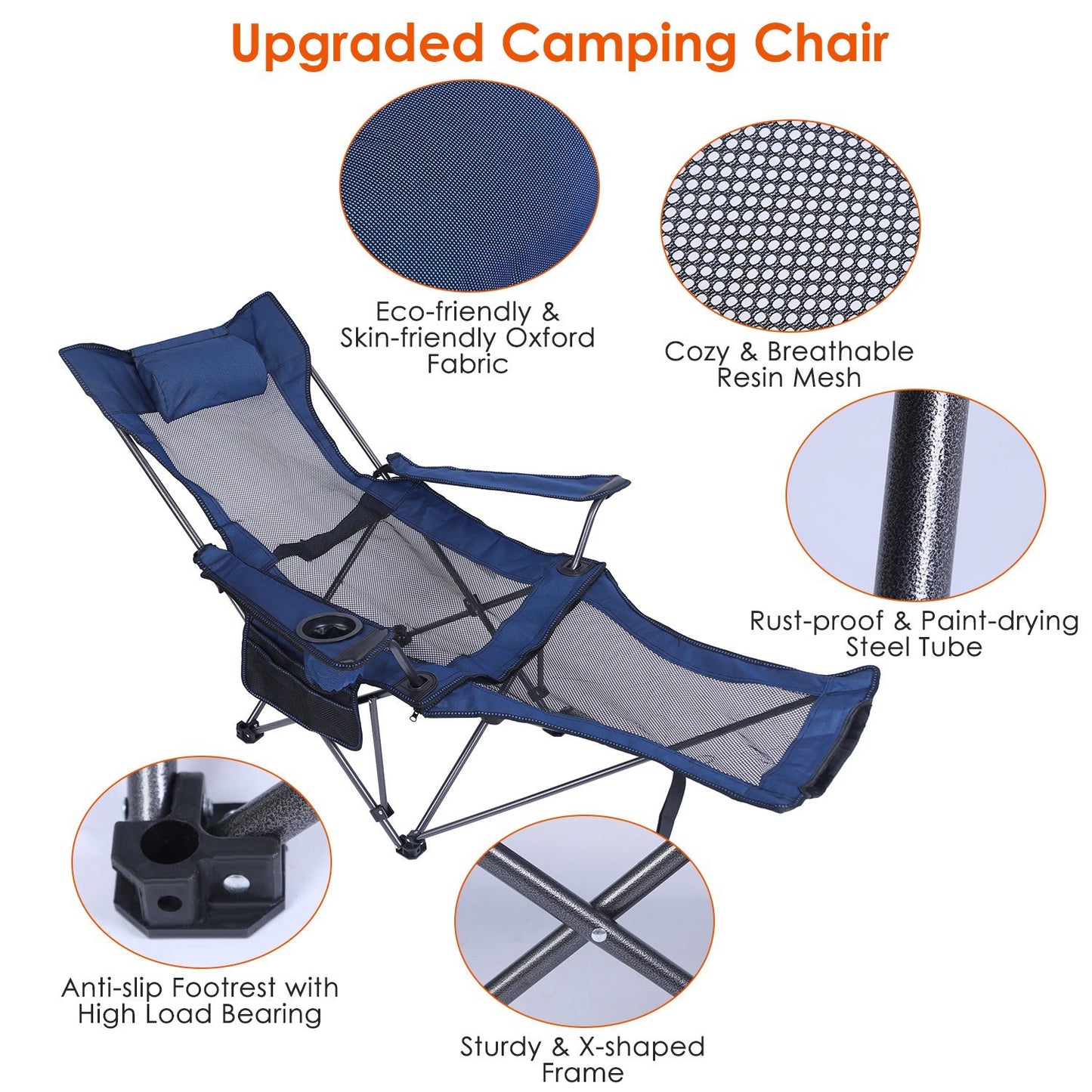 1Pc Foldable Camping Chair 330LBS Load Heavy Duty Steel Lawn Chair Collapsible Chair With Reclining Backrest Angle Cup Holder Pillow Side Pocket Carry Bag