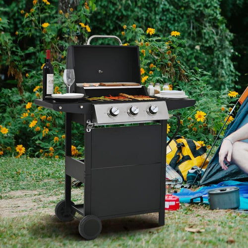 Propane Gas Three-burner Stainless Steel Grill With Double Shelves, Lid, Wheels And Bottle Opener