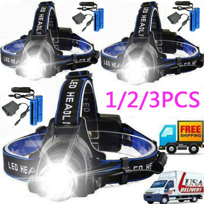 LED Headlamp Rechargeable Head Torch Zoom Headlight Lamp Super Bright Flashlight 3 Modes Light With 2 Li-ion Batteries 2 Charger