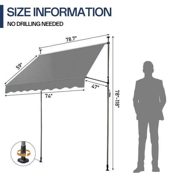 200x120x200-300cm Grey, Support Canopy, Polyester Fabric, Aluminum-iron Frame, Retractable