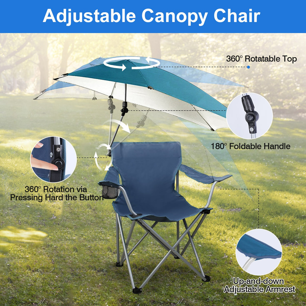 1Pc Foldable Beach Chair With Sun Canopy Cup Holder Carry Bag Adkustable Armrest Detachable Umbrella 220.5lbs Max Load Fedex Shipping