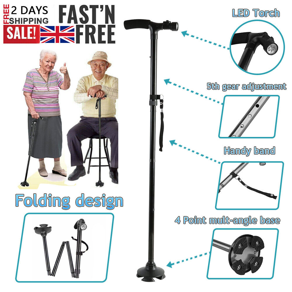 Collapsible Safety LED Walking Stick Adjustable Travel Hiking Cane Trekking Pole