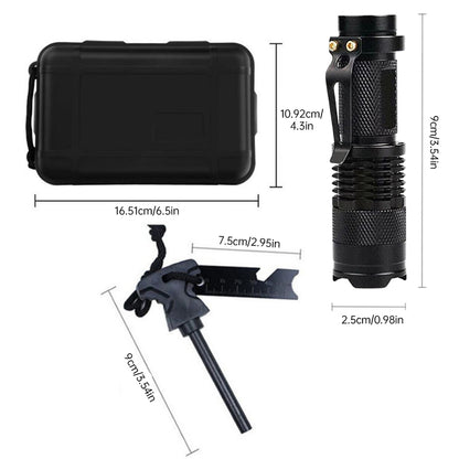 Military-grade outdoor travel survival kit with mini camping tools, emergency bracelet, whistle, blanket and knife.