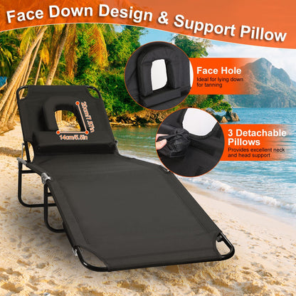 1Pc Folding Beach Lounge Chair Face Down Tanning Chaise Sunbathing Recliner 265LBS Max Load With 5-Angle Backrest 3 Removable Pillows For Beach Pool Lawn Yard Patio Office Nap Camping