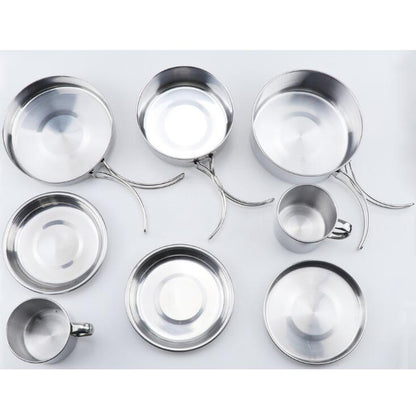 Mayitr 8Pcs Stainless Steel Outdoor Camping Picnic Pot Pan Kit Camping Backpacking Hiking Cookware Set High quality