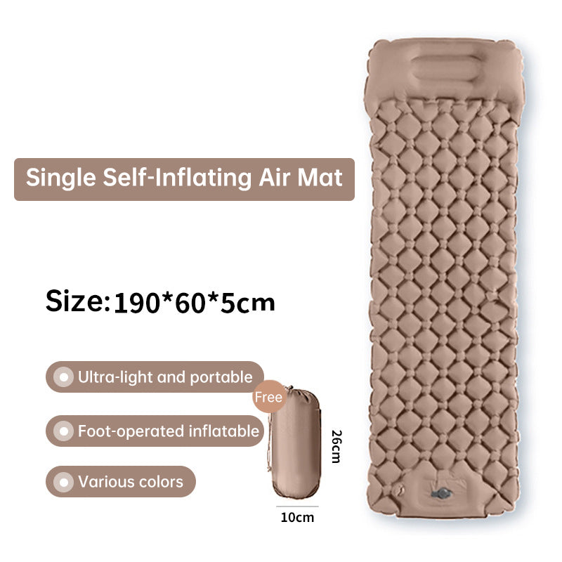 Outdoor double inflatable sleeping pad – with built-in pillow & pump, for camping, backpacking, hiking.