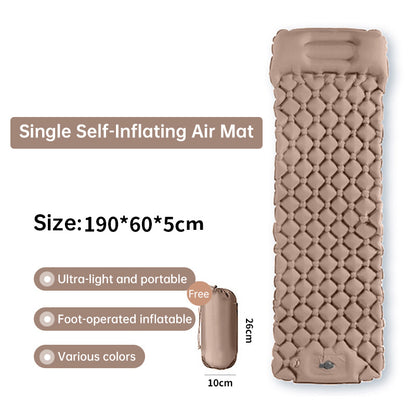 Outdoor double inflatable sleeping pad – with built-in pillow & pump, for camping, backpacking, hiking.