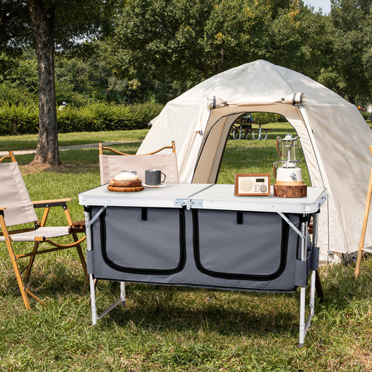 4ft 47cm Wide, Outdoor Folding Table, Aluminum Alloy, Rectangular, Two-fold Tabletop With Gray Cloth Cabinet, 3 Height Adjustments.