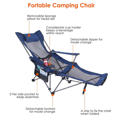 1Pc Foldable Camping Chair 330LBS Load Heavy Duty Steel Lawn Chair Collapsible Chair With Reclining Backrest Angle Cup Holder Pillow Side Pocket Carry Bag