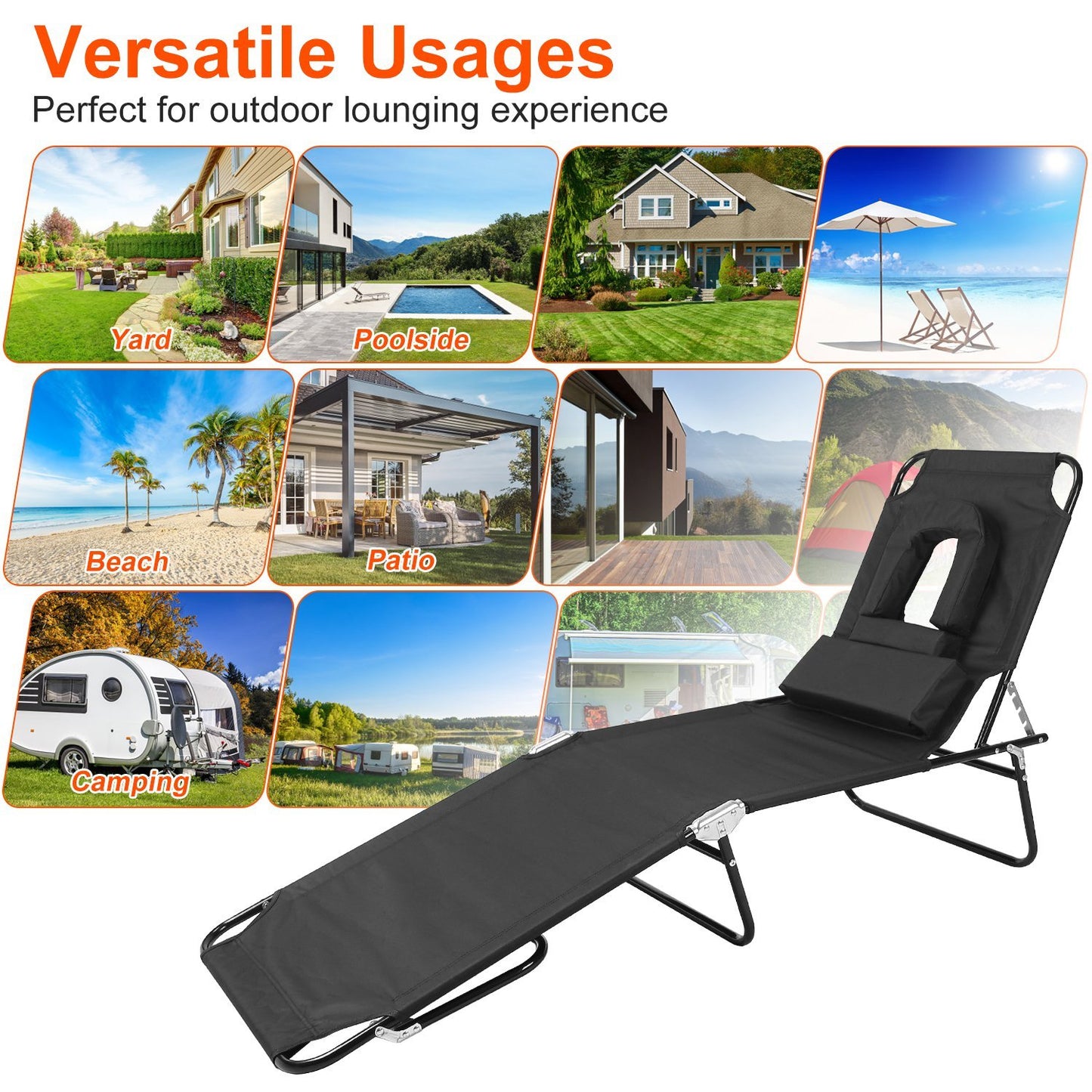 1Pc Folding Beach Lounge Chair Face Down Tanning Chaise Sunbathing Recliner 265LBS Max Load With 5-Angle Backrest 3 Removable Pillows For Beach Pool Lawn Yard Patio Office Nap Camping