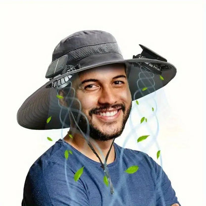 Unisex Solar Powered Black Fan Outdoor Fishing Wide Brim Sun Hat For Camping And Work