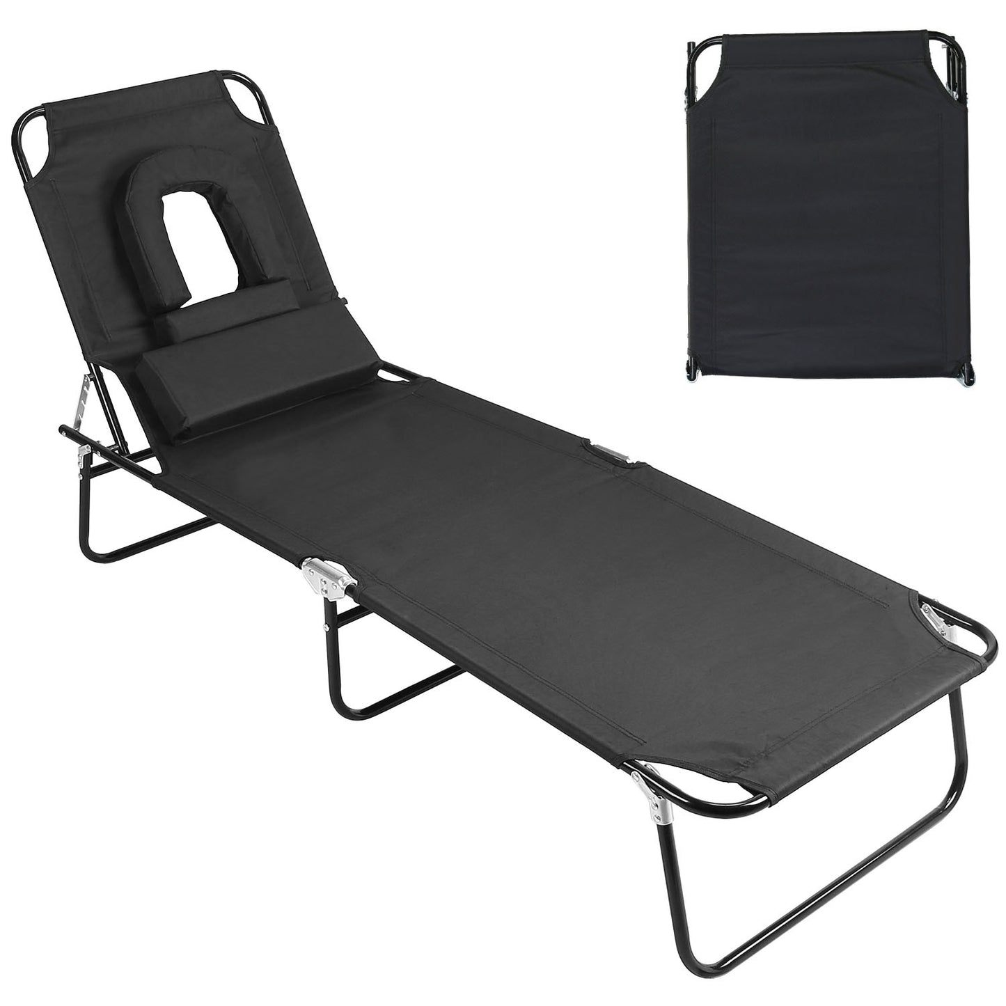 1Pc Folding Beach Lounge Chair Face Down Tanning Chaise Sunbathing Recliner 265LBS Max Load With 5-Angle Backrest 3 Removable Pillows For Beach Pool Lawn Yard Patio Office Nap Camping