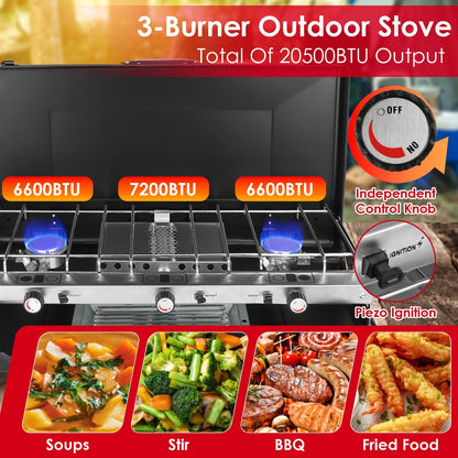 3 Burner Camping Stove 20000 BTU Portable Foldable Propane Stove With Toast Tray Windshield Portable Handle Outdoor Cooking Gas Stove For RV Camping BBQ Picnic