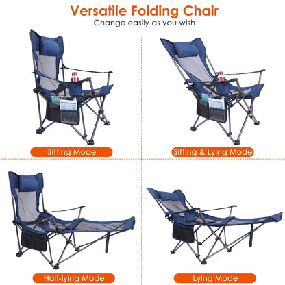 1Pc Foldable Camping Chair 330LBS Load Heavy Duty Steel Lawn Chair Collapsible Chair With Reclining Backrest Angle Cup Holder Pillow Side Pocket Carry Bag