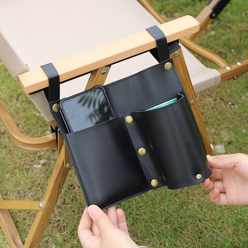 Camping chair leather storage bag mobile phone beer beverage storage bag outdoor chair side bag miscellaneous storage
