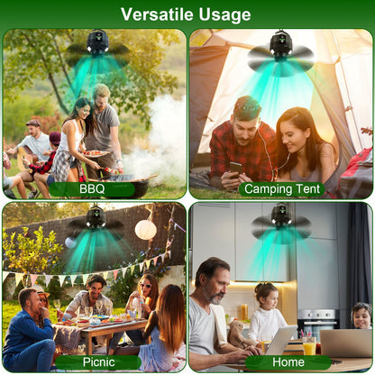 5200mAh Or 10400mAh Options -- 1Pc Portable Camping Ceiling LED Fan  USB Battery Powered Hanging Tent Lantern Fan Power Bank With 3 Fan Speed 3 Light Brightness Smart Timer Remote Control