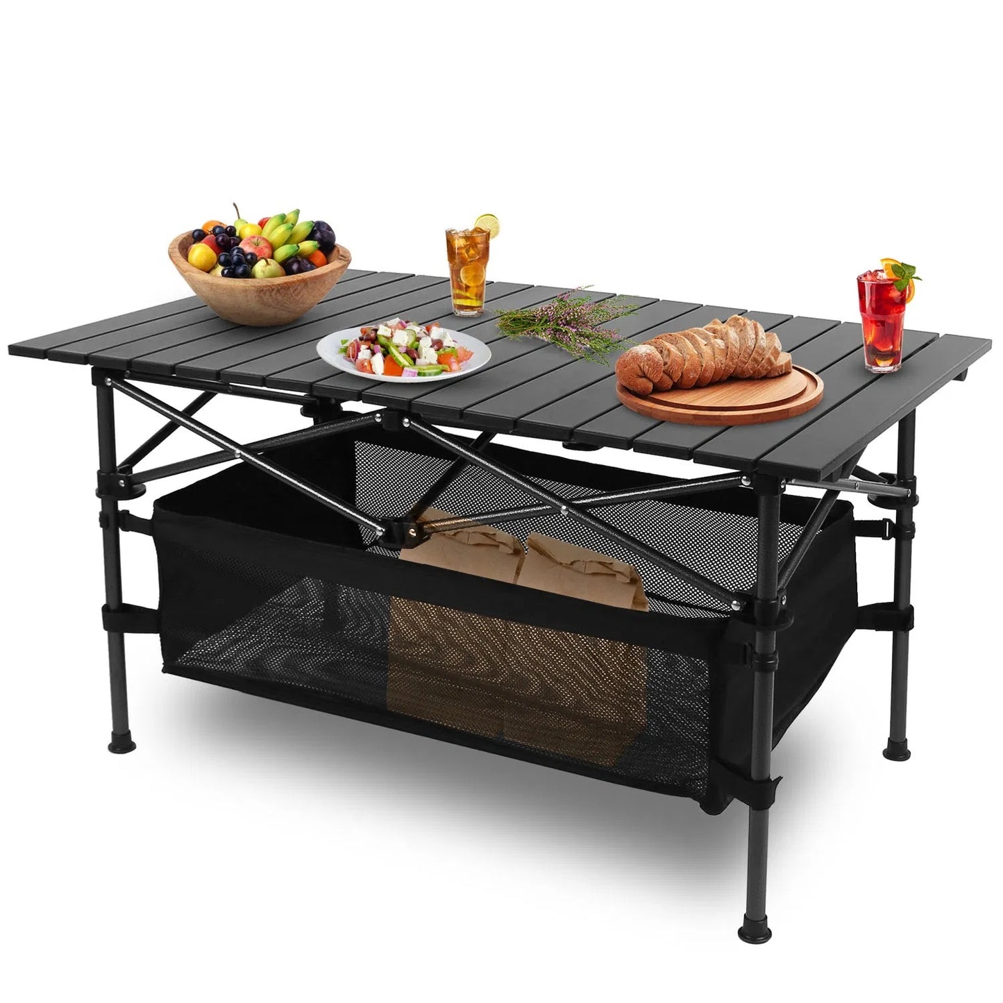 220 Lb Capacity Foldable Camping Table Aluminum Top & Steel Frame With Mesh Basket Portable BBQ Picnic Beach Table Includes Carry Bag
